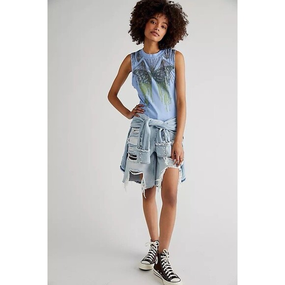 NWT We The Free People Womens Top Blue Butterfly Graphic Beaded Tank Y2K Small - Picture 2 of 11
